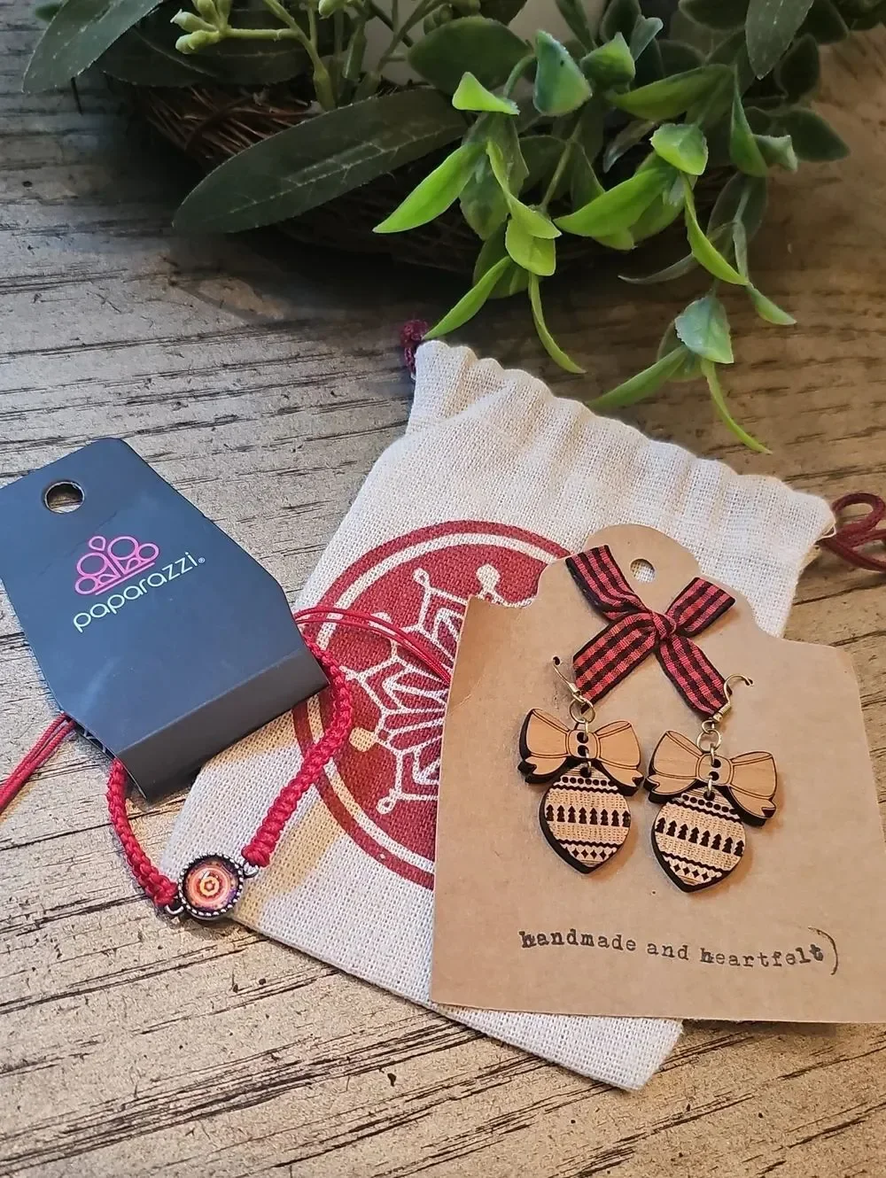 Paparazzi Red Braided Kids Bracelet & Pink Wooden Bow Earrings Set NWT